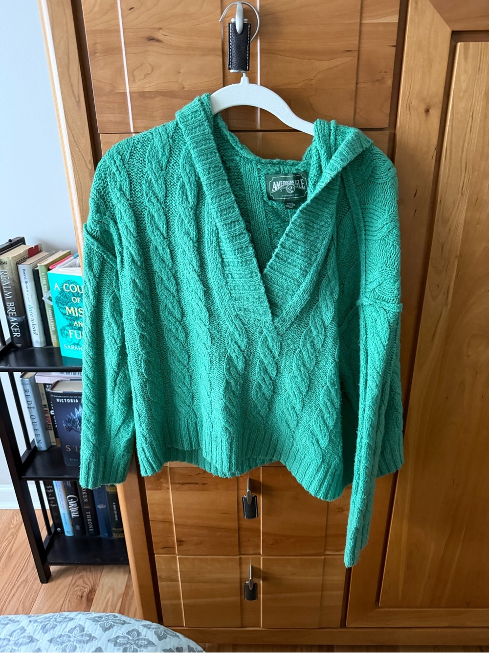 Avenue Teal Cable-Knit Hooded V-Neck Sweater